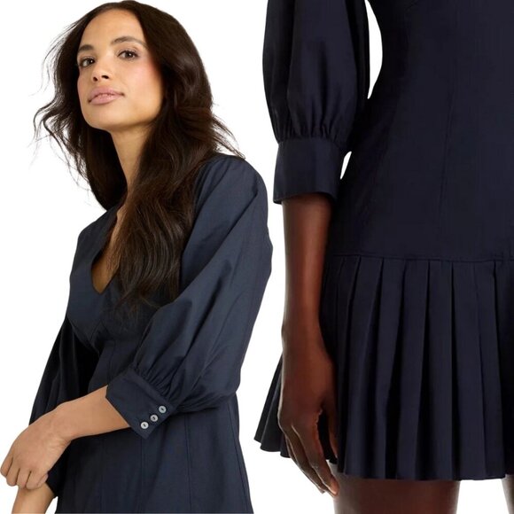 Cinq A Sept Sawyer V-Neck Pleated Mini Dress Women's 00 Blue Drop Waist Chic NWT - Picture 3 of 16